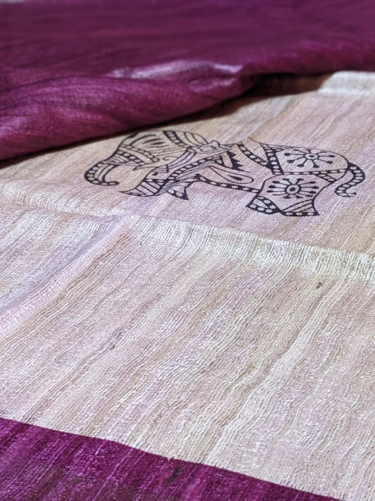 Pretty elephant print Pure Tussar Gicha Silk Saree