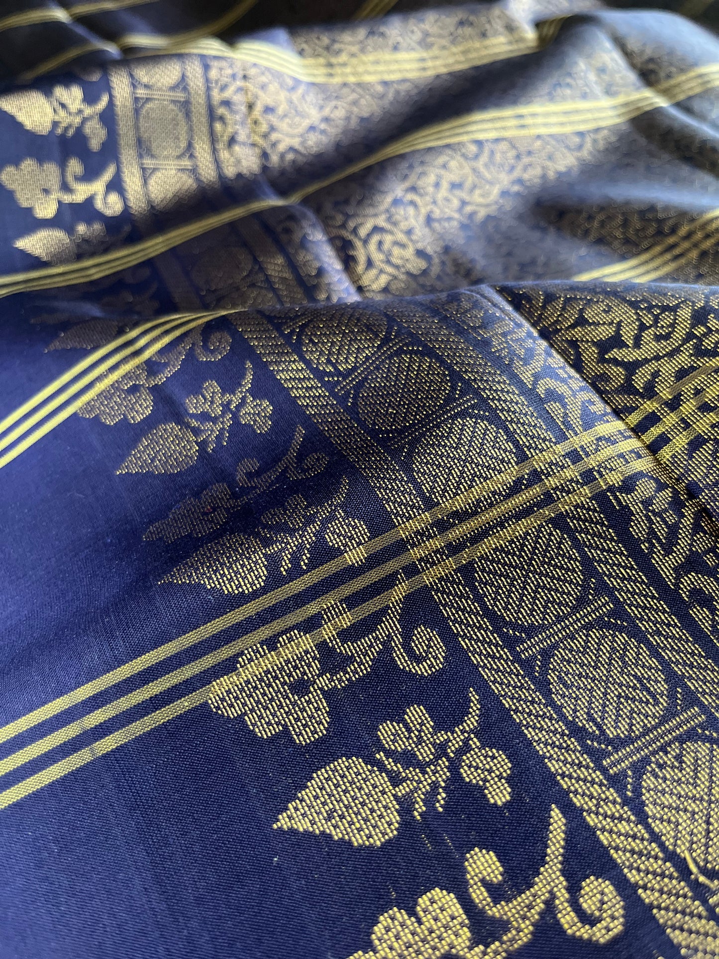 New arrival: Handloom Double Warp beautiful sky blue with navy blue triple striped floral Soft Silk Saree