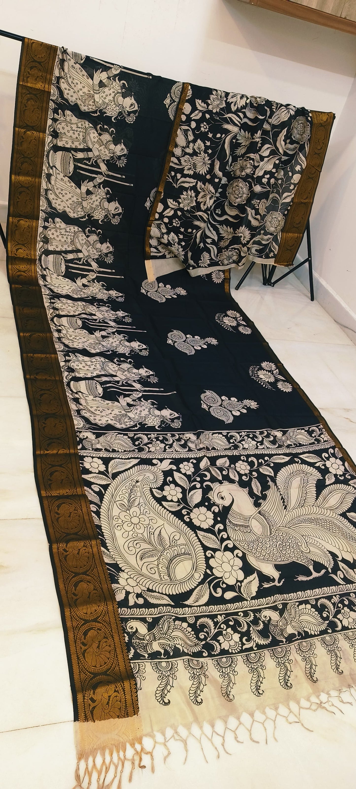 Pre Order Kalamkari Bangalore silk with designer zari border black and white sarees