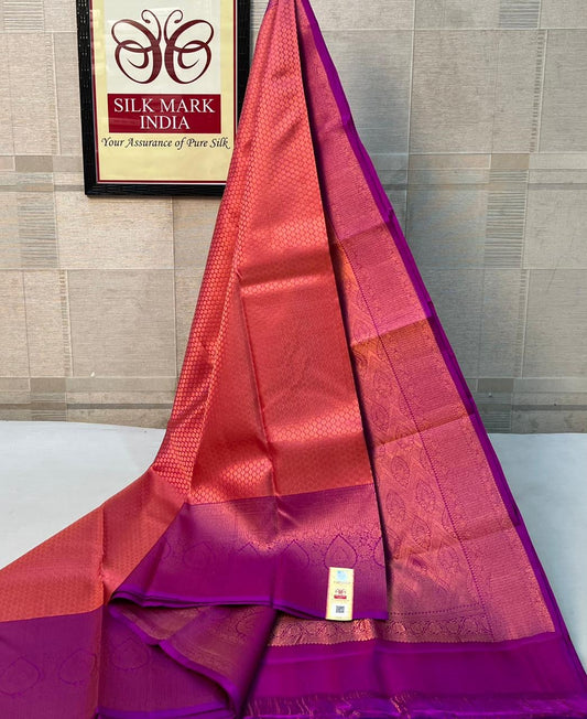 Pure kanchipuram silk saree - Double warp silk - All over jari weaving,
Pallu colour blouse, Jacquard Border weaving