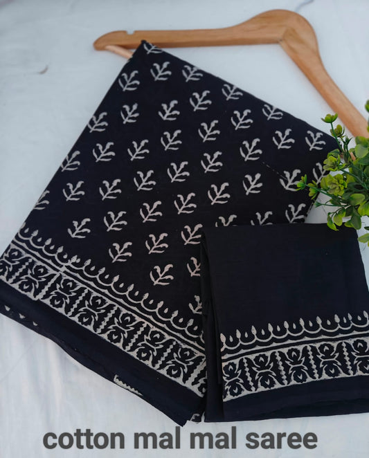 Pre-Order Black Bagru handBlock Print Cotton mulmul Sarees With Running Blouse