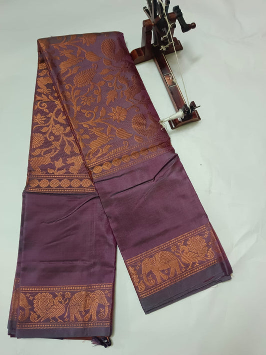 Brand New design Banana Silk Saree without blouse : GRAPE BODY WITH COPPER ZARI AND  PEACOCK BLUE PALLU.