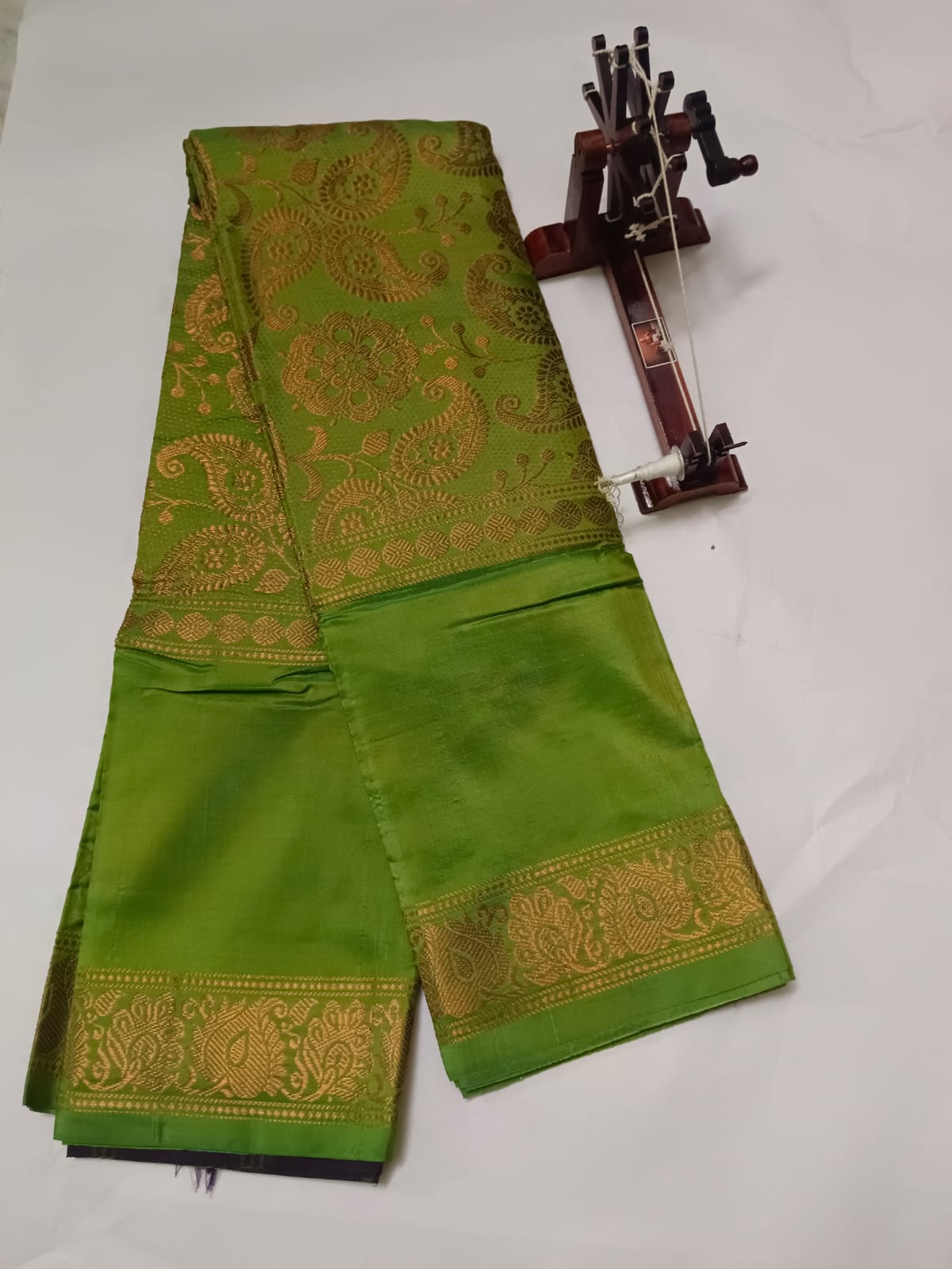 Brand New design Banana Silk Saree without blouse : PEAR GREEN BODY WITH COPPER ZARI AND INDIGO PALLU