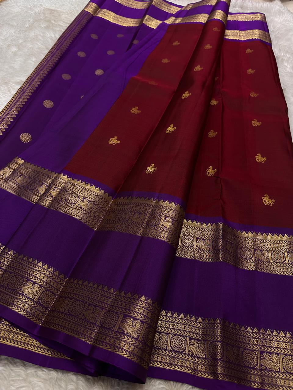 New arrival bridal & festival collection : Pure handloom Kanchipuram silk saree with retta border peacock design 2g gold jari