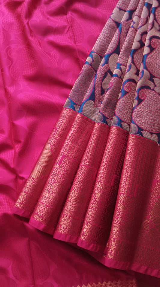 Beautiful blue color skirt with magenta border half Saree unstitched - korvai contrast paavadai sattai for children & teenagers