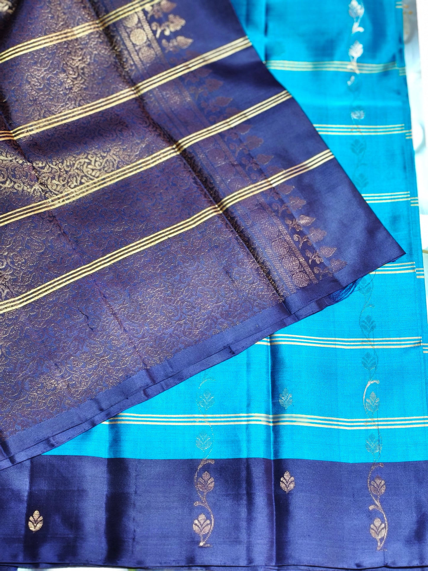 New arrival: Handloom Double Warp beautiful sky blue with navy blue triple striped floral Soft Silk Saree