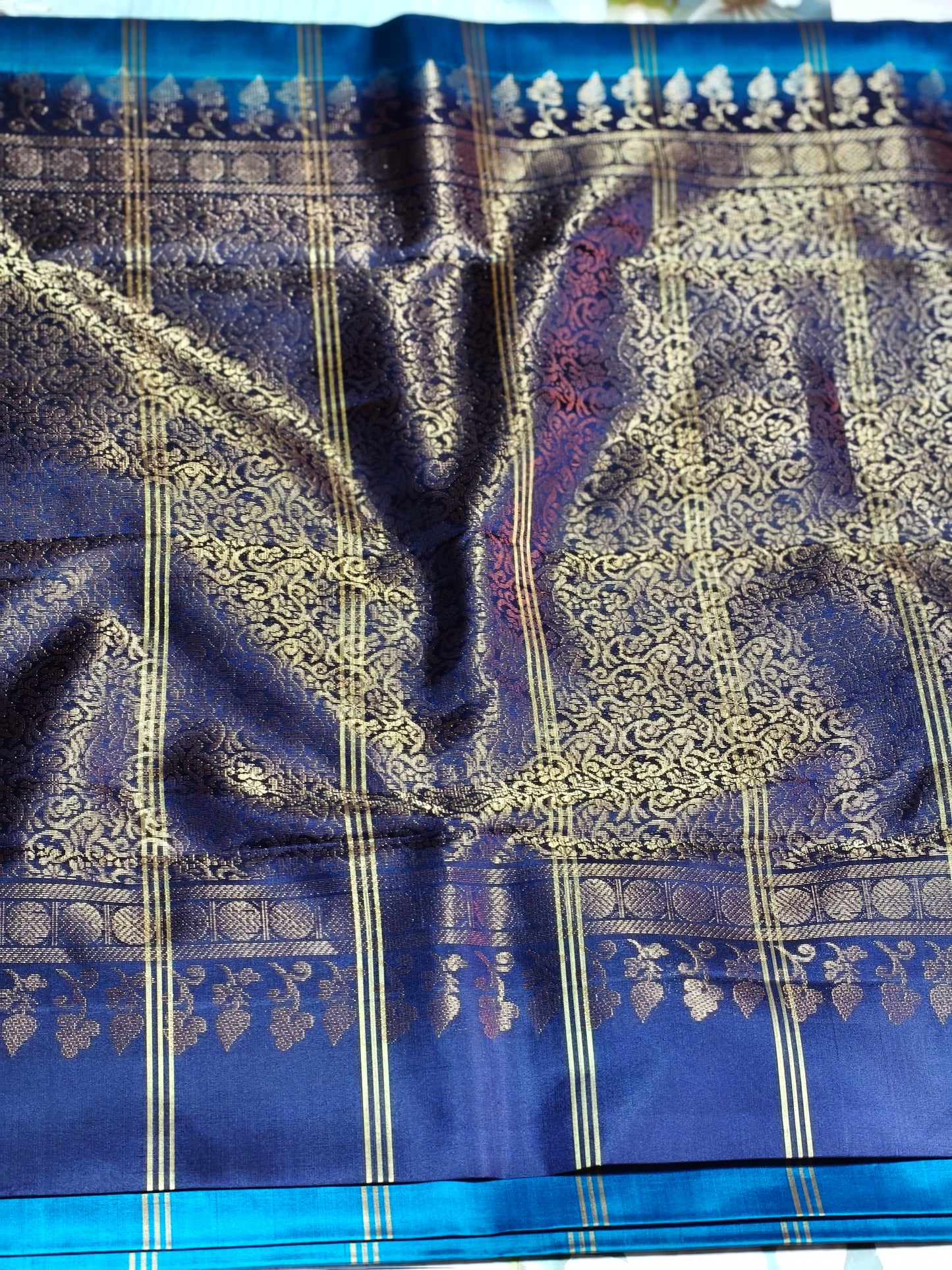 New arrival: Handloom Double Warp beautiful sky blue with navy blue triple striped floral Soft Silk Saree