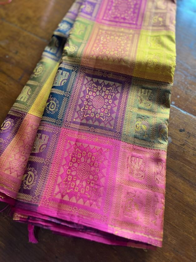 Unique Beautiful Kanchipuram paalum pazhamum pure silk meenakari woven intricate designs in every check