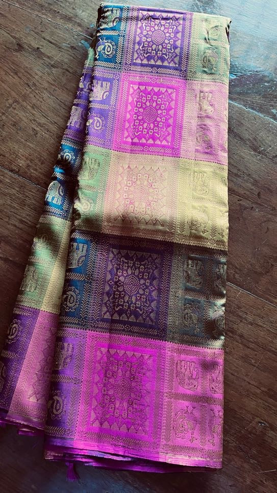 Unique Beautiful Kanchipuram paalum pazhamum pure silk meenakari woven intricate designs in every check