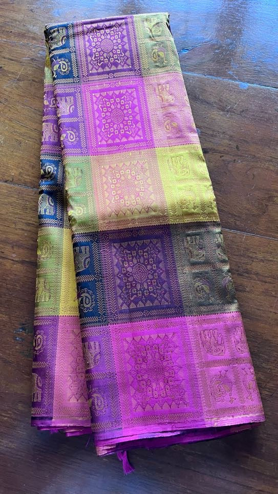 Unique Beautiful Kanchipuram paalum pazhamum pure silk meenakari woven intricate designs in every check