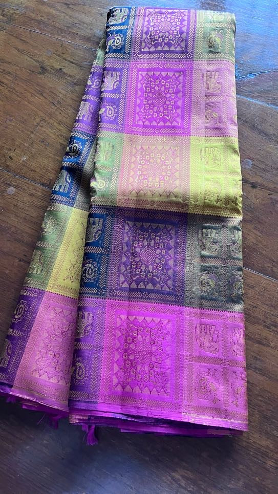 Unique Beautiful Kanchipuram paalum pazhamum pure silk meenakari woven intricate designs in every check