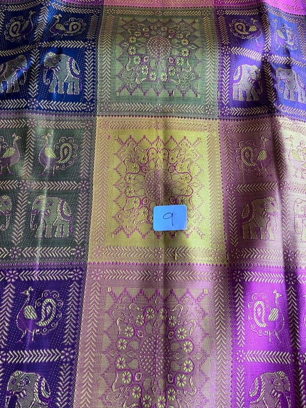 Unique Beautiful Kanchipuram paalum pazhamum pure silk meenakari woven intricate designs in every check