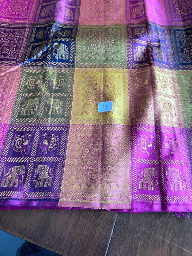 Unique Beautiful Kanchipuram paalum pazhamum pure silk meenakari woven intricate designs in every check