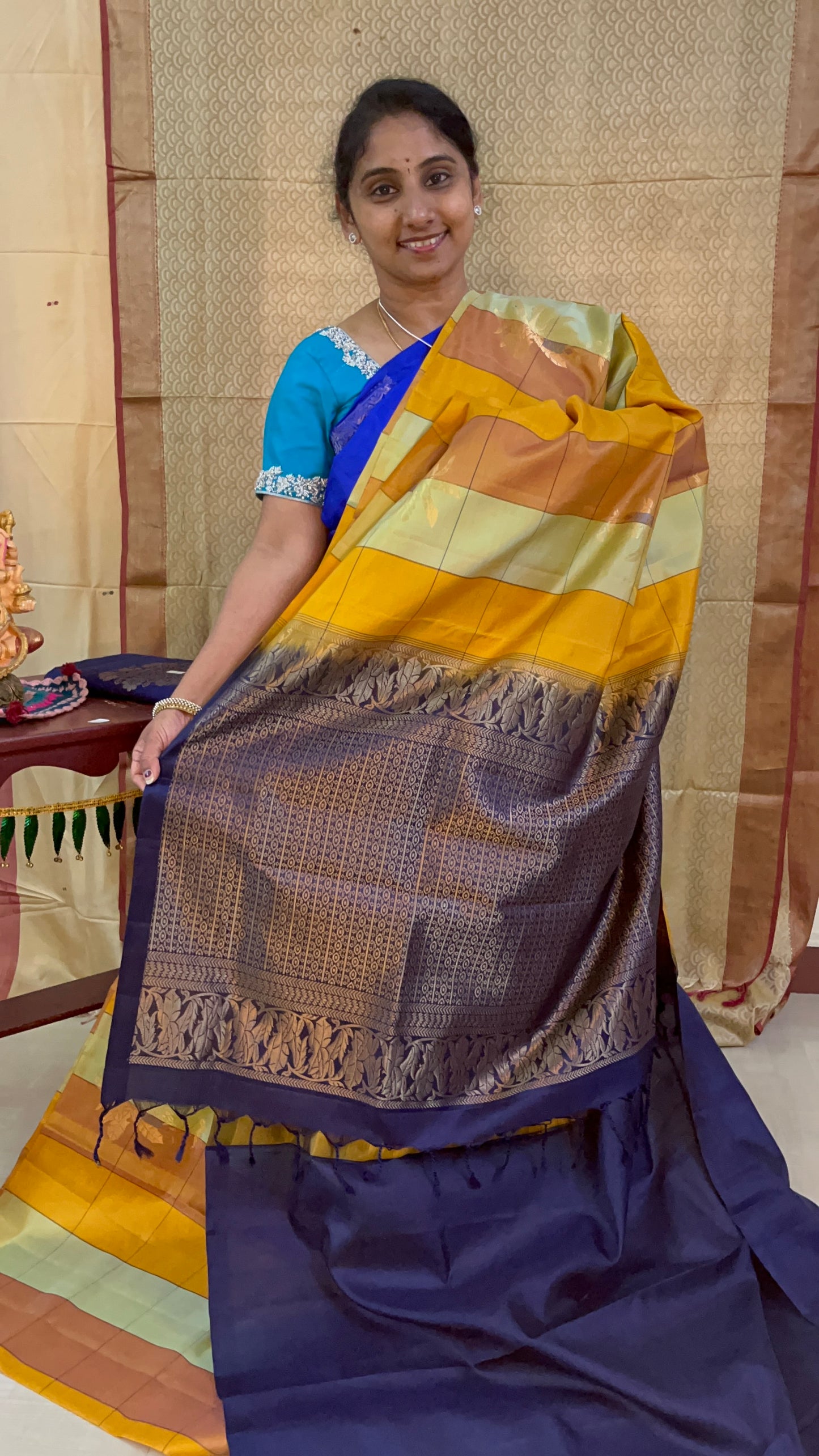 Banana tree motifs beautifully weaved into this pure silk saree new arrival: Handloom Double Warp checks with tree motifs unique work