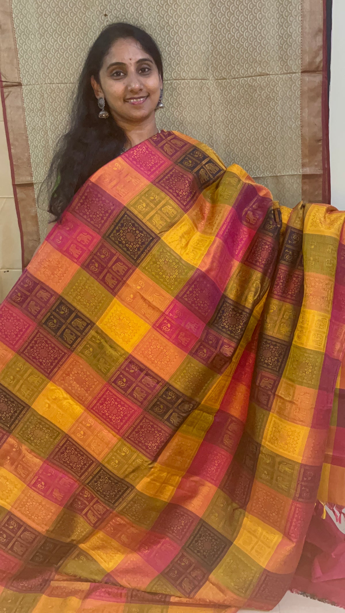 Unique Beautiful Kanchipuram paalum pazhamum pure silk meenakari woven intricate designs in every check