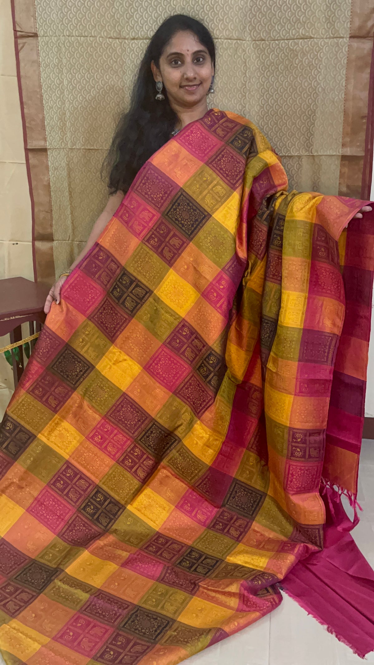 Unique Beautiful Kanchipuram paalum pazhamum pure silk meenakari woven intricate designs in every check