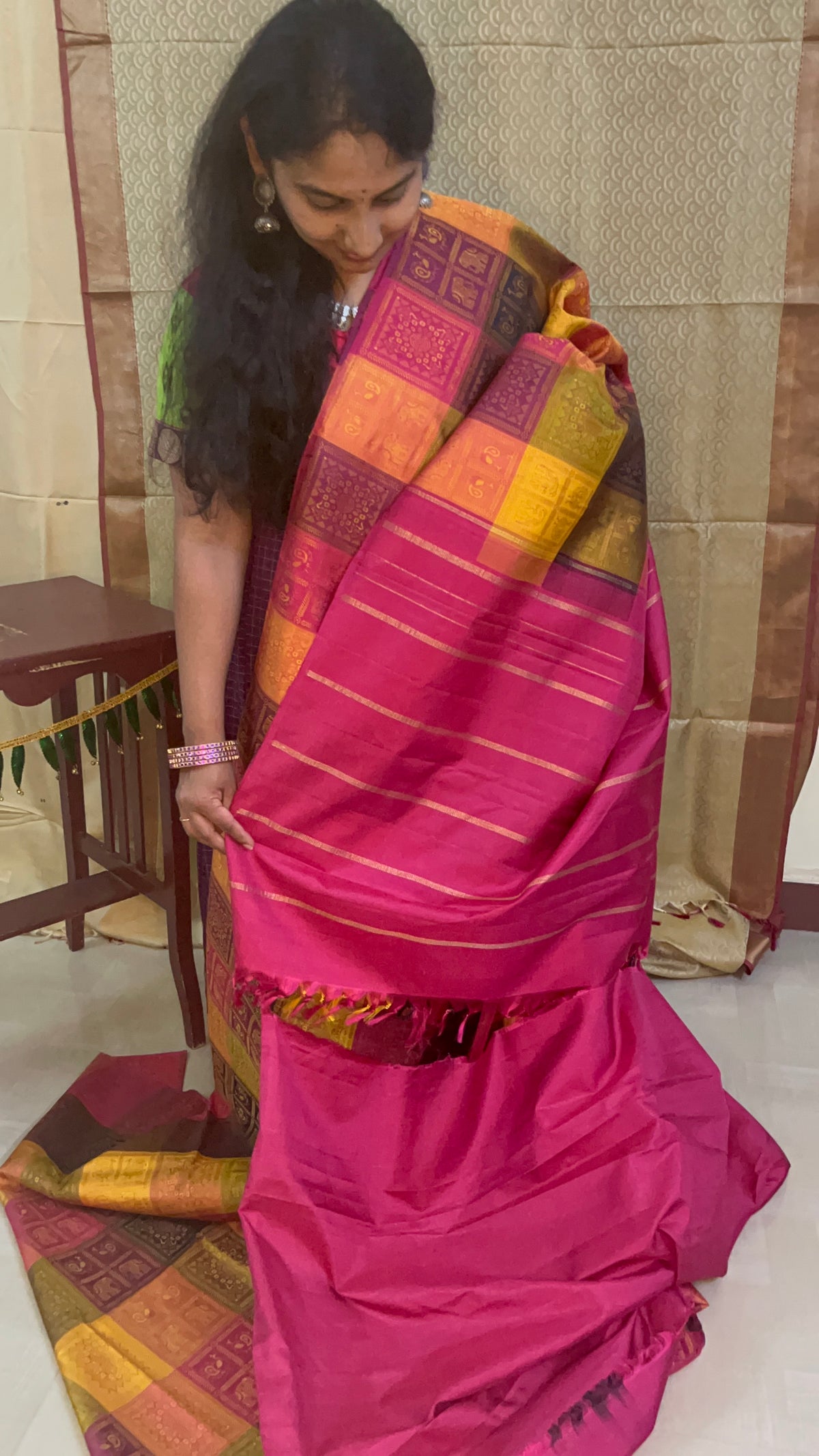 Unique Beautiful Kanchipuram paalum pazhamum pure silk meenakari woven intricate designs in every check