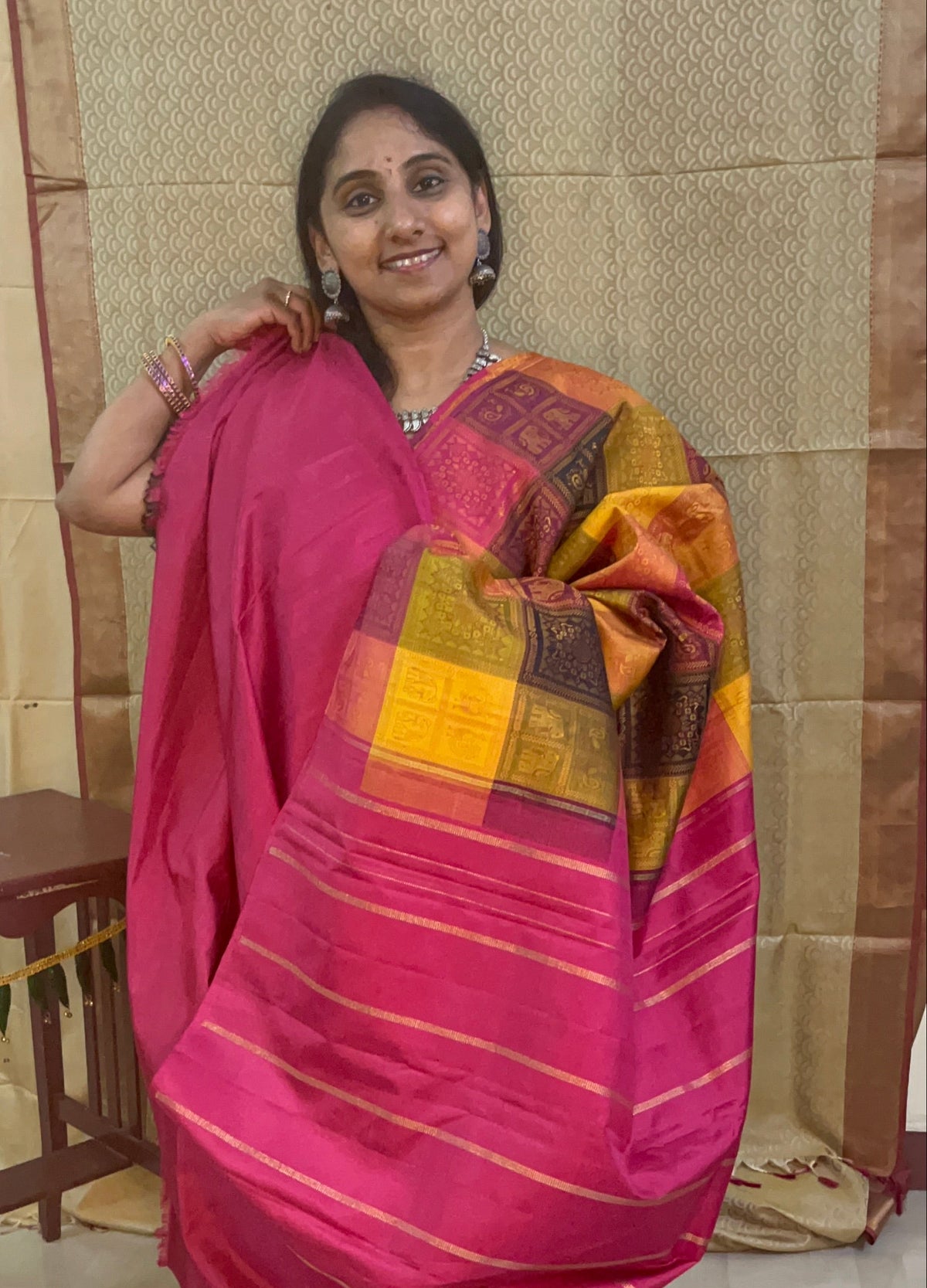 Unique Beautiful Kanchipuram paalum pazhamum pure silk meenakari woven intricate designs in every check