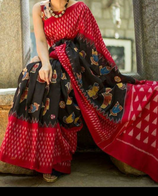 Pretty black body with Mudras printed pure cotton saree