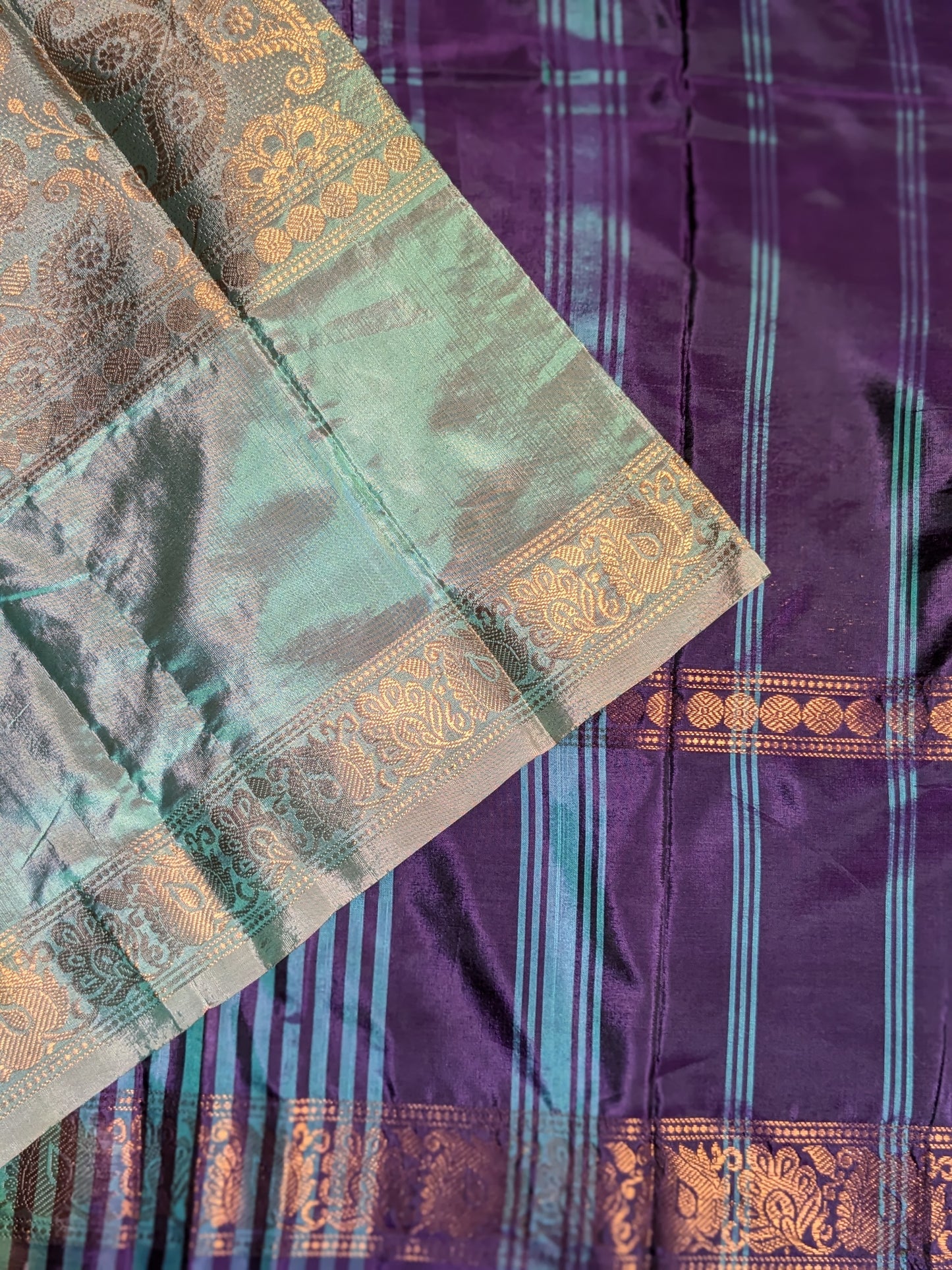 Brand New design Banana Silk Saree without blouse : TEAL BODY WITH COPPER ZARI AND EGGPLANT PURPLE PALLU