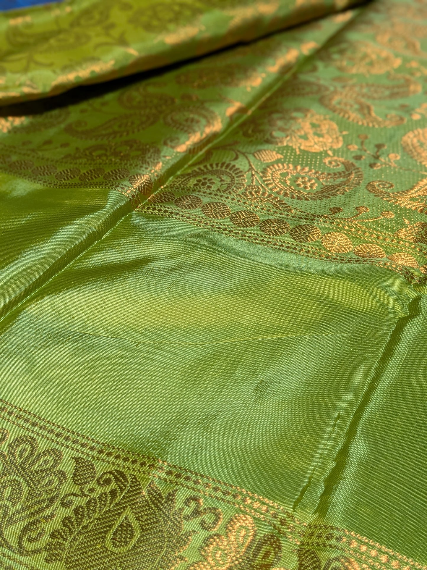 Brand New design Banana Silk Saree without blouse : PEAR GREEN BODY WITH COPPER ZARI AND INDIGO PALLU