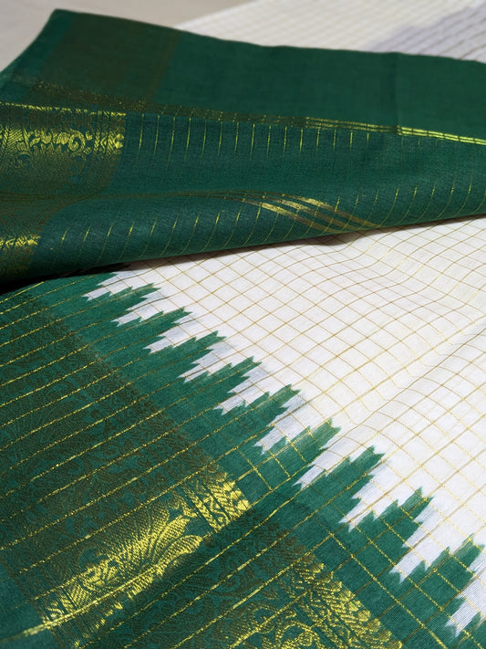 Exclusive Madurai Cotton Ganga Jamuna border with blouse : GREEN PALLU PURPLE BLOUSE