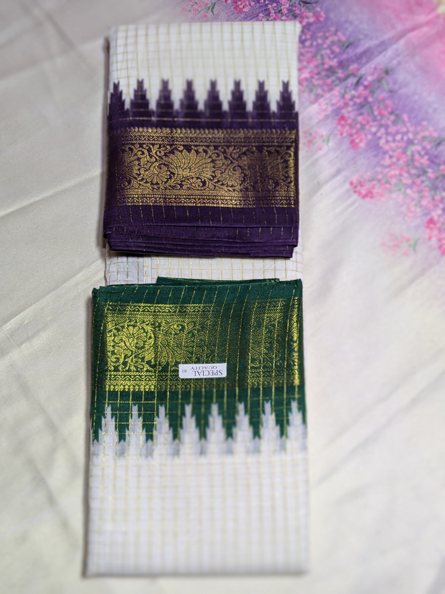 Exclusive Madurai Cotton Ganga Jamuna border with blouse : GREEN PALLU PURPLE BLOUSE