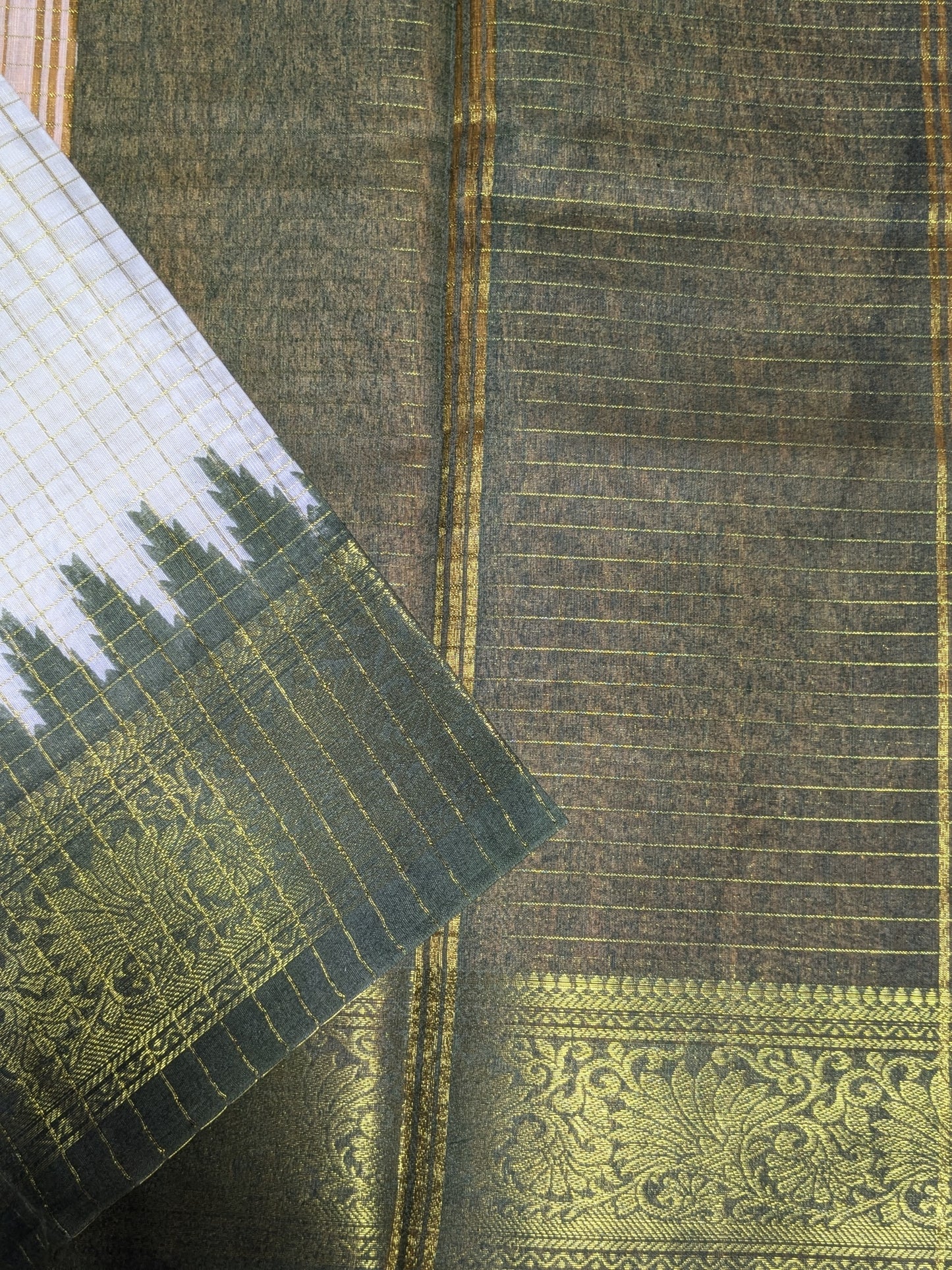 Exclusive Madurai Cotton Ganga Jamuna border with blouse : FOREST GREEN PALLU YELLOW BLOUSE