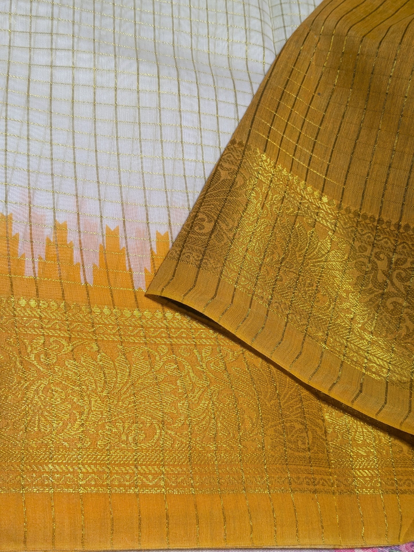 Exclusive Madurai Cotton Ganga Jamuna border with blouse : FOREST GREEN PALLU YELLOW BLOUSE