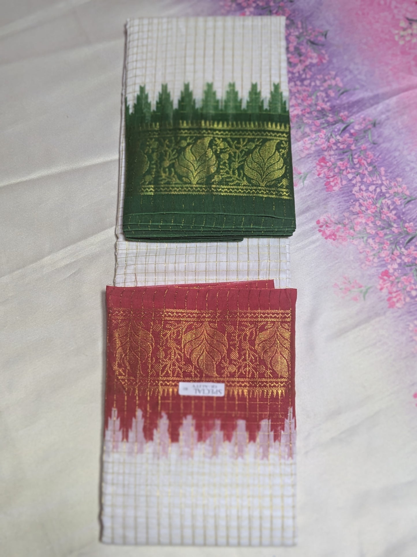 Exclusive Madurai Cotton Ganga Jamuna border with blouse : RED PALLU GREEN BLOUSE