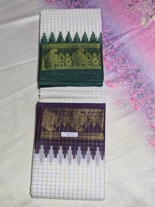 Exclusive Madurai Cotton Ganga Jamuna border with blouse : PURPLE PALLU GREEN BLOUSE