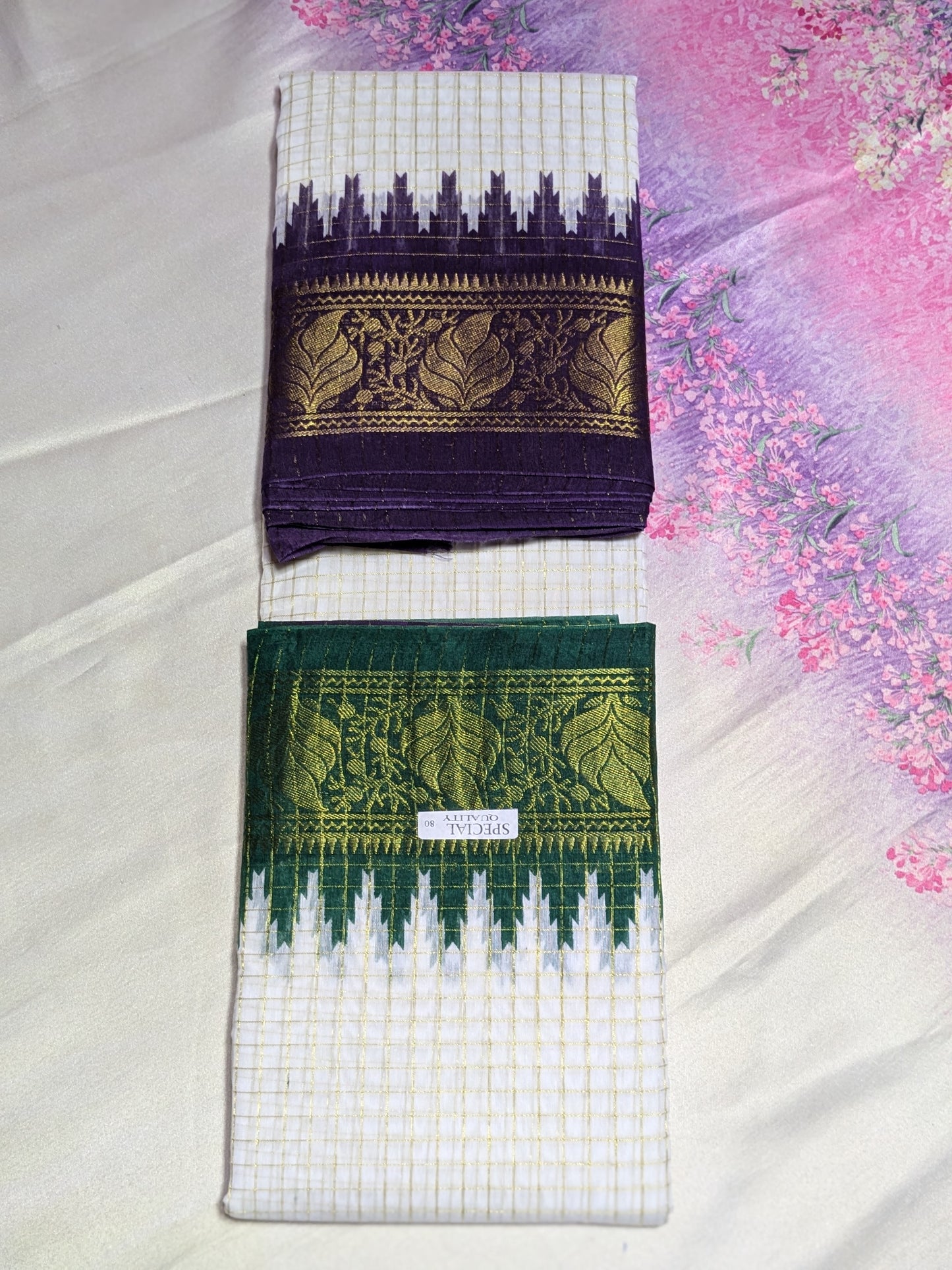 Exclusive Madurai Cotton Ganga Jamuna border with blouse : GREEN PALLU PURPLE BLOUSE