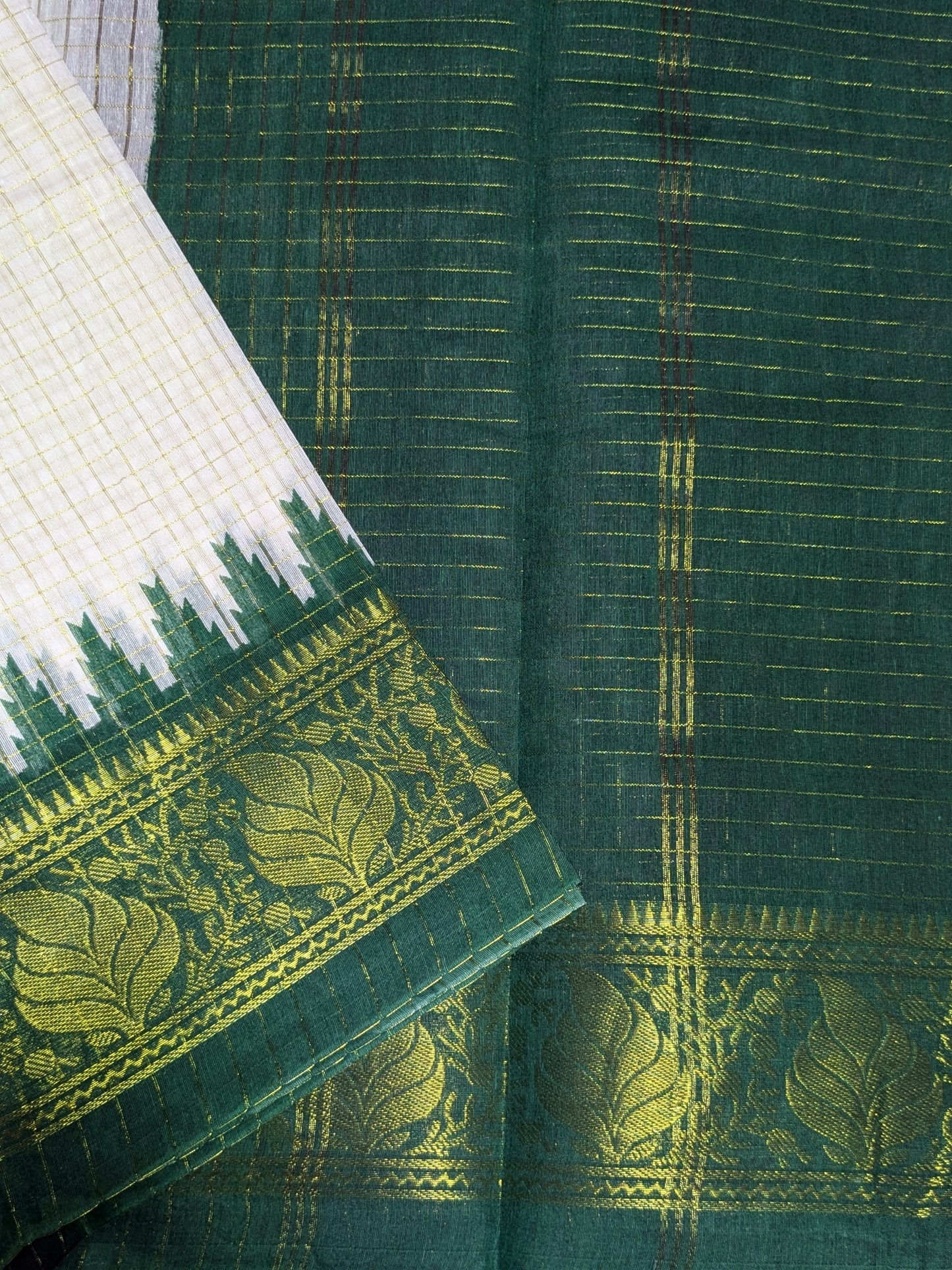 Exclusive Madurai Cotton Ganga Jamuna border with blouse : GREEN PALLU PURPLE BLOUSE