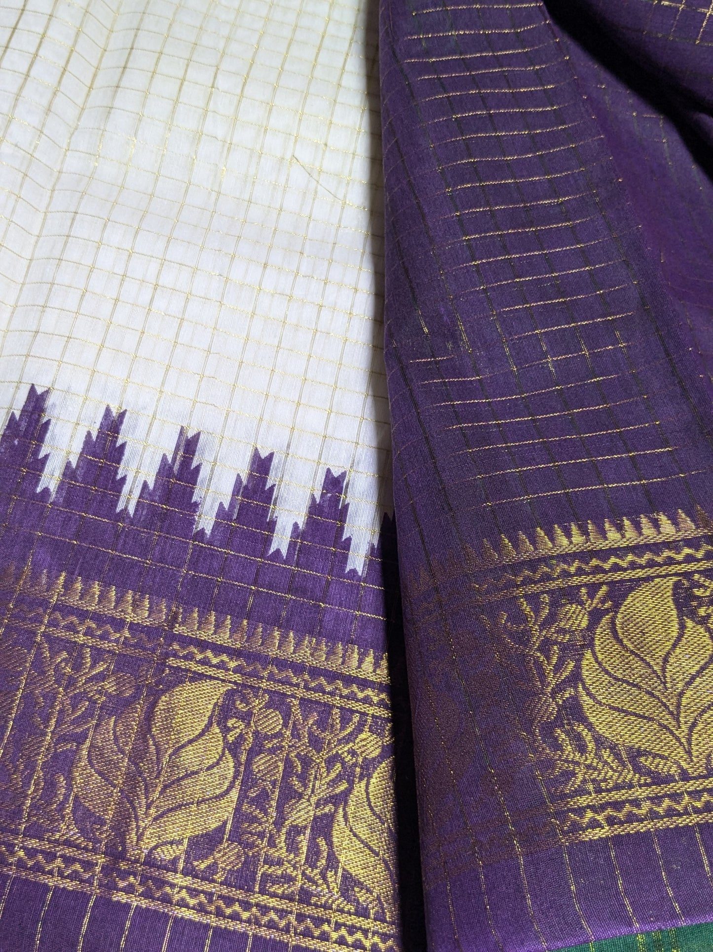 Exclusive Madurai Cotton Ganga Jamuna border with blouse : GREEN PALLU PURPLE BLOUSE