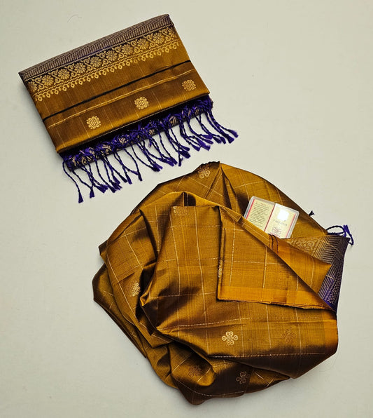 Pure handloom checked design double warp kanchi silk saree with rich pallu