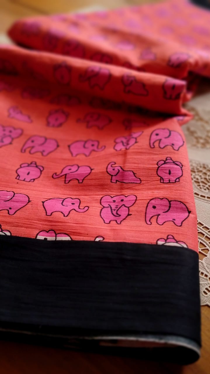 Soft & cute elephant printed premium mulmul cotton saree with blouse