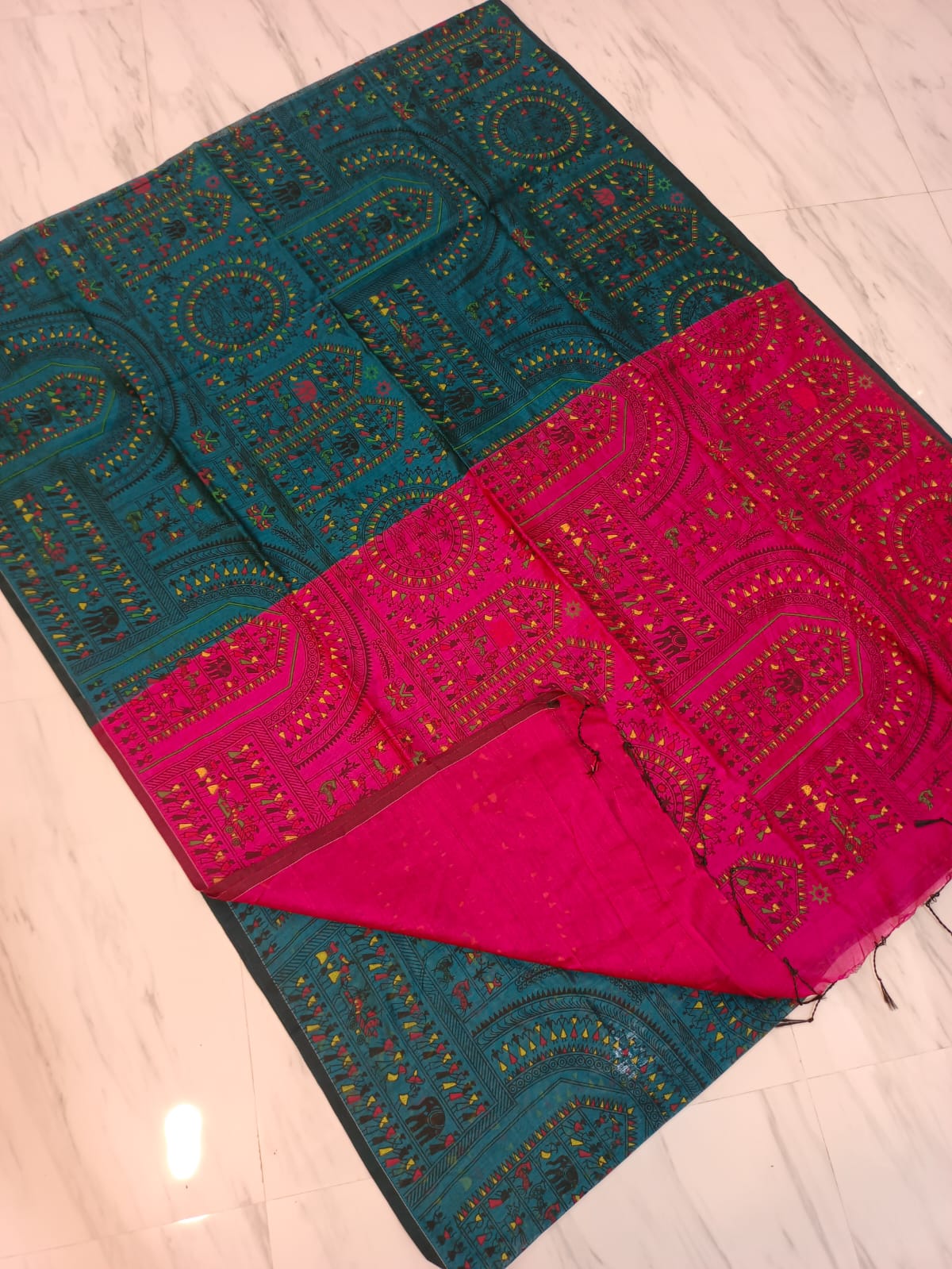 Pre-order Lovely Madhubani block print saree Cotton silk - Contact by chat for colour availability