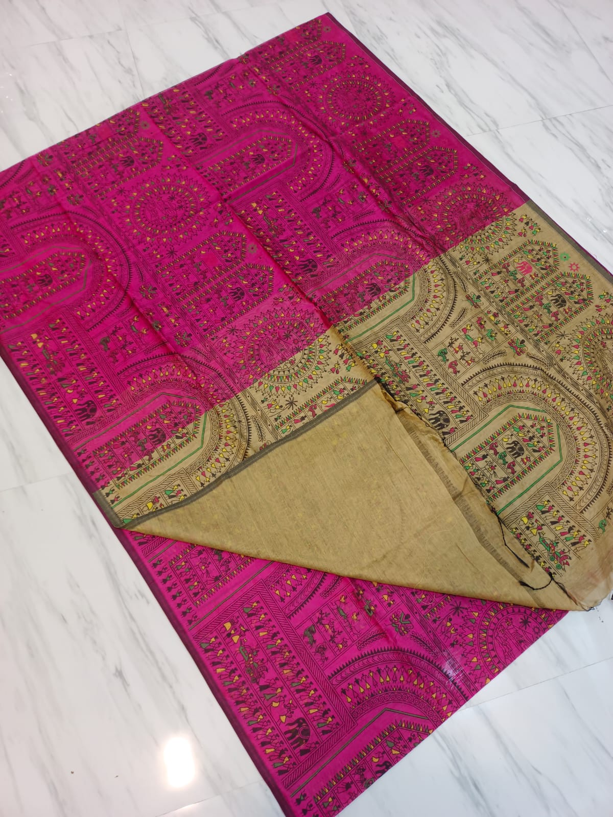 Pre-order Lovely Madhubani block print saree Cotton silk - Contact by chat for colour availability