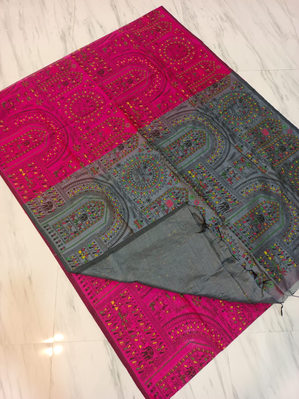 Pre-order Lovely Madhubani block print saree Cotton silk - Contact by chat for colour availability