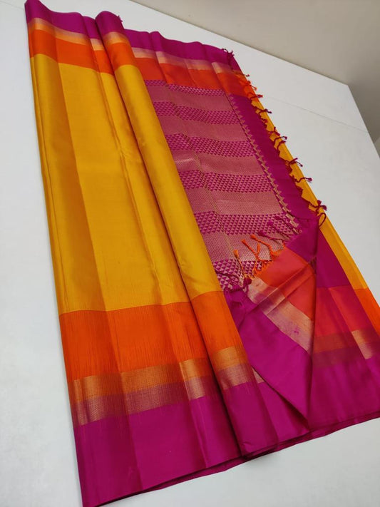 Pretty Yellow with orange & pink border Pure Silk Saree Online