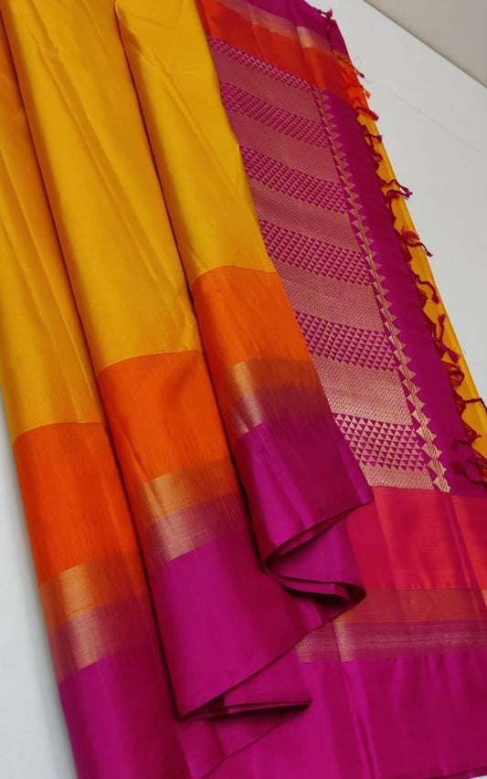 Pretty Yellow with orange & pink border Pure Silk Saree Online