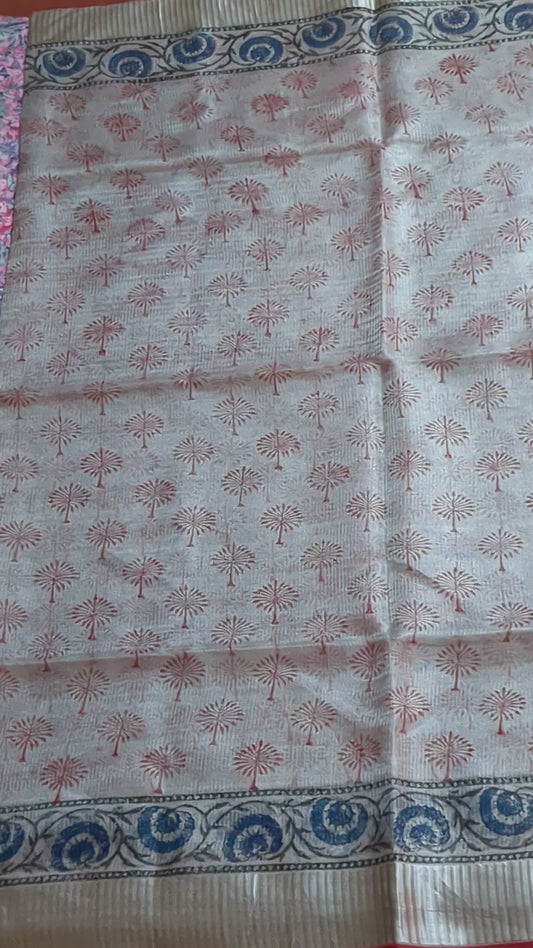 Pure tussar tissue silk saree block printed all over saree