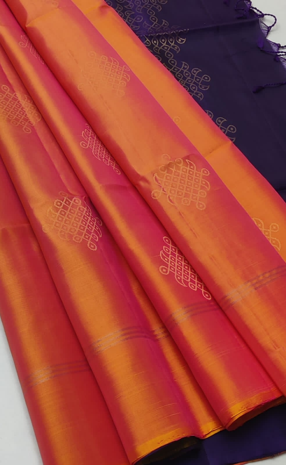 Pinkish Orange and Purple Pure Silk Kolam saree #1438