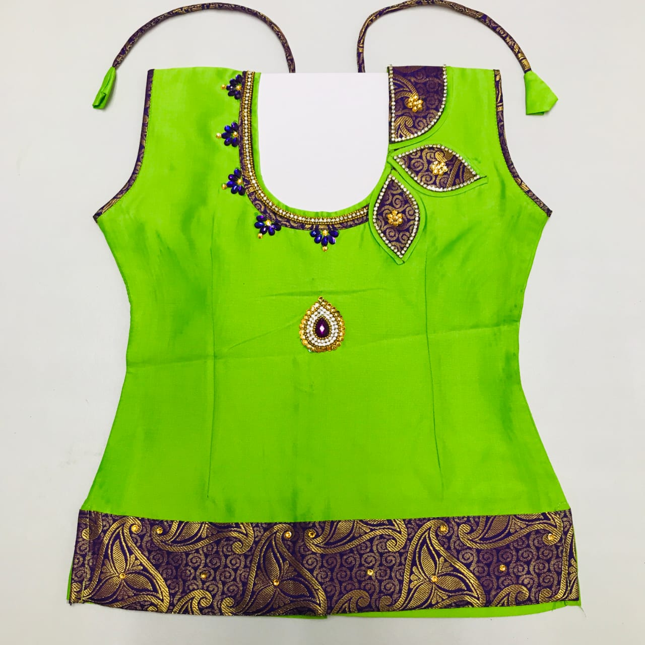 Green with Purple Ethnic kids ready to wear pattu pavadai