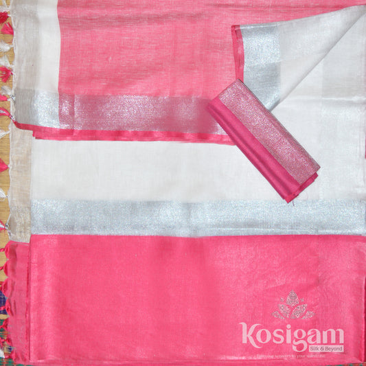 Off-white linen saree with pink pallu and border