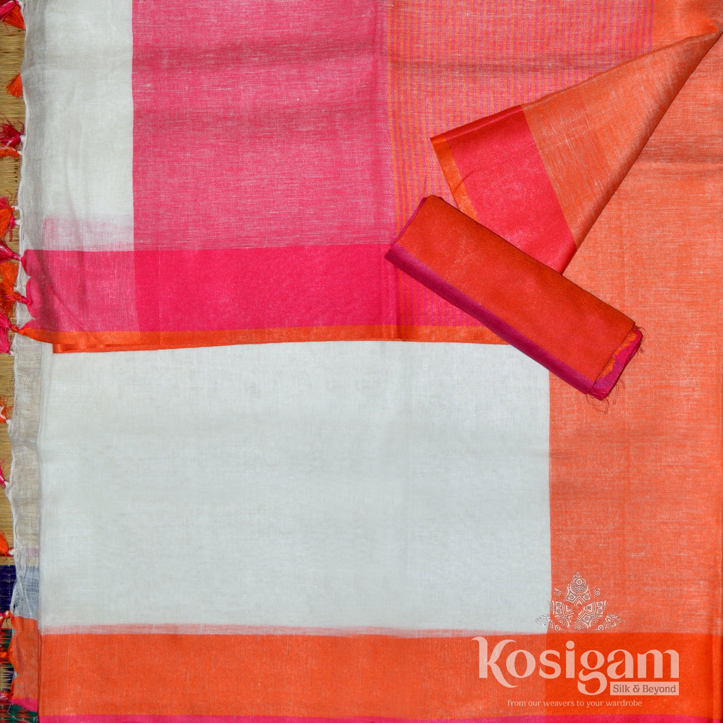 White with orange and pink linen saree;