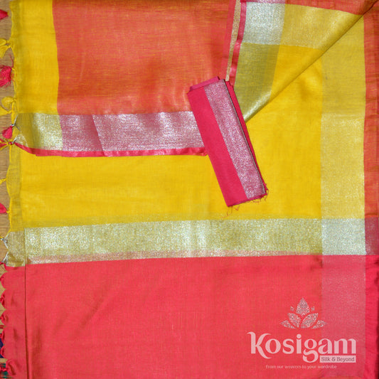 Yellow linen saree with dark pink pallu and border