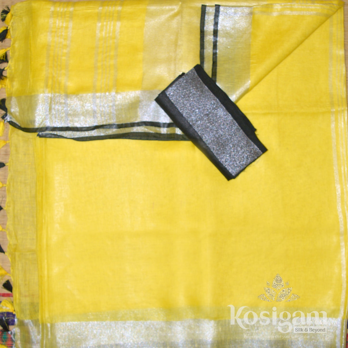 Yellow with black linen saree