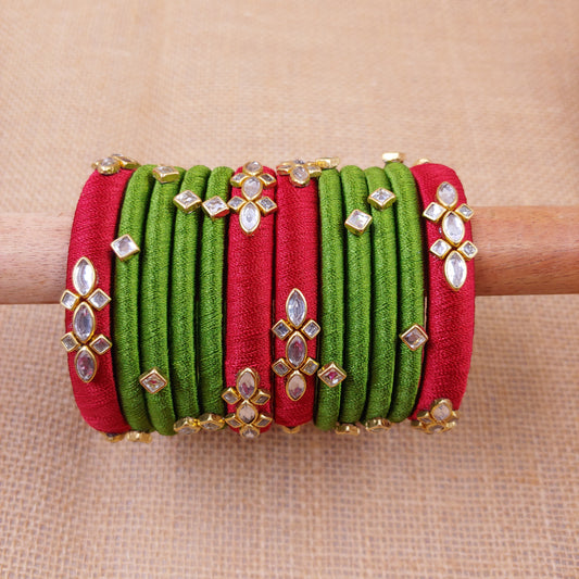 Traditional Silk Thread Bangles : Red and Green combo (kids size available)