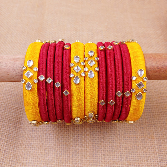 Traditional Silk Thread Bangles : Yellow with Red combo (kids size available)